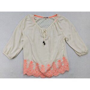 Jolt Women's Top Size M Ivory Coral Pink Embroidered 3/4 Sleeve Peasant Boho